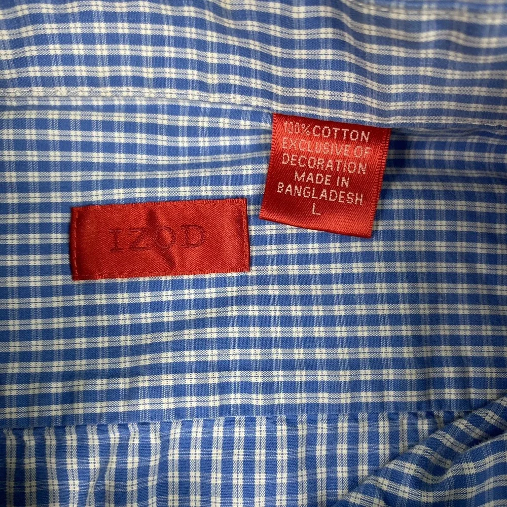 IZOD Shirt Men Large Button‎ Front Blue Gingham Check 100% Cotton